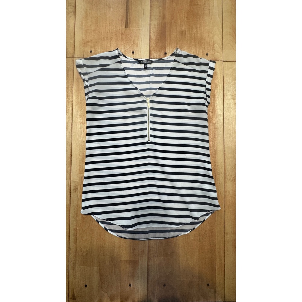 Express Womens Small‎ Blue White Striped V-Neck Partial Zip Short Sleeve Blouse